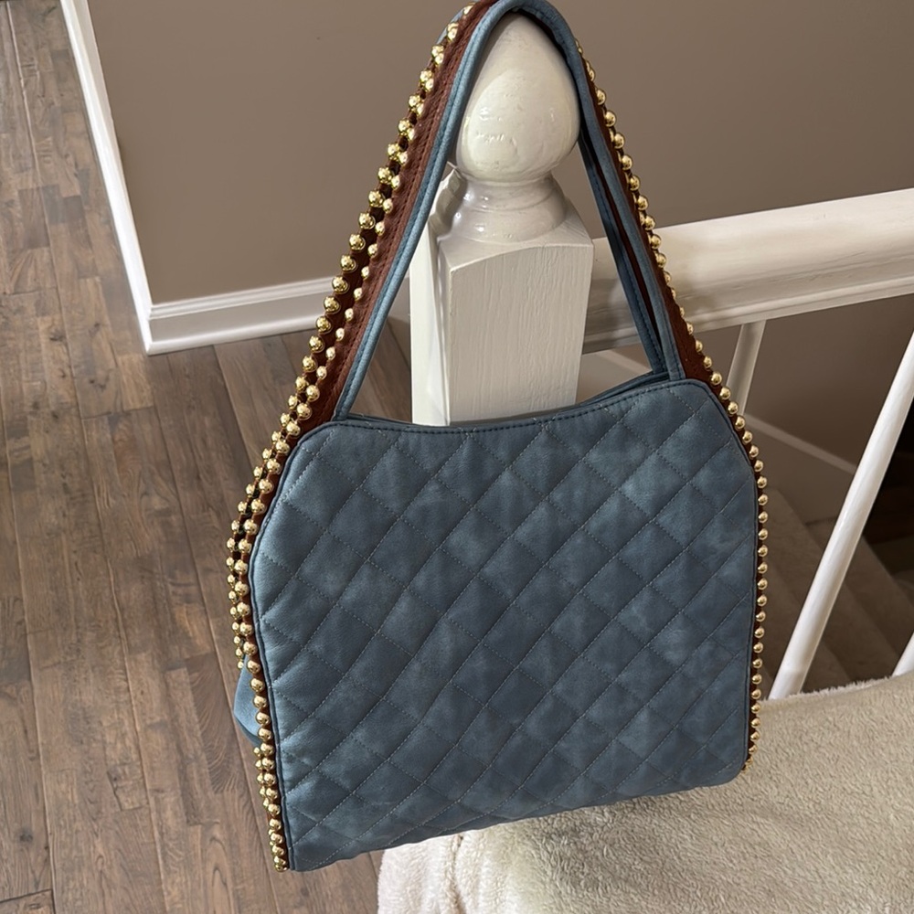 Big Buddha Denim Blue Quilted Shoulder Bag with Gold Accents